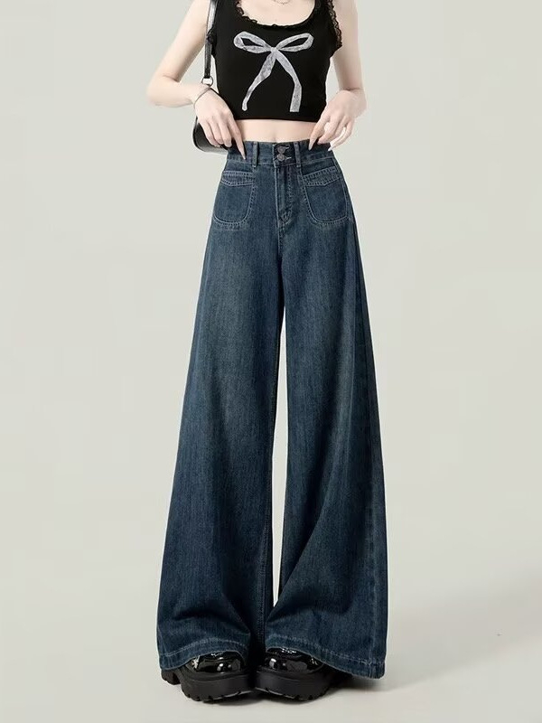 Ženske široke traperice od denima, visok pas, ležeran ravni kroj, mikroelastični denim, jesen 2024