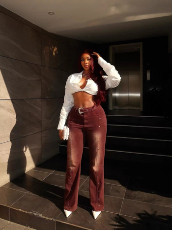 Traperice visokog struka, bootcut kroj, denim s 70–80% denim i Spandex, micro-blown acid-wash, retro eyelet design