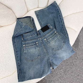 Ženske traperice ravnih krojeva, visoki struk, casual stil, denim pamuk-elastan, pranje pijeskom