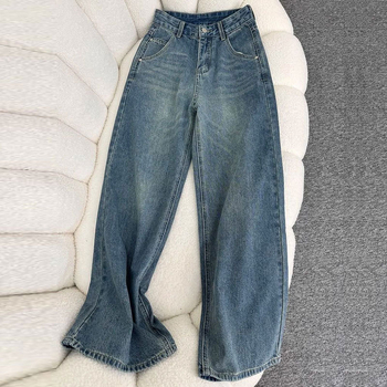 Ženske traperice ravnih krojeva, visoki struk, casual stil, denim pamuk-elastan, pranje pijeskom