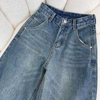 Ženske traperice ravnih krojeva, visoki struk, casual stil, denim pamuk-elastan, pranje pijeskom