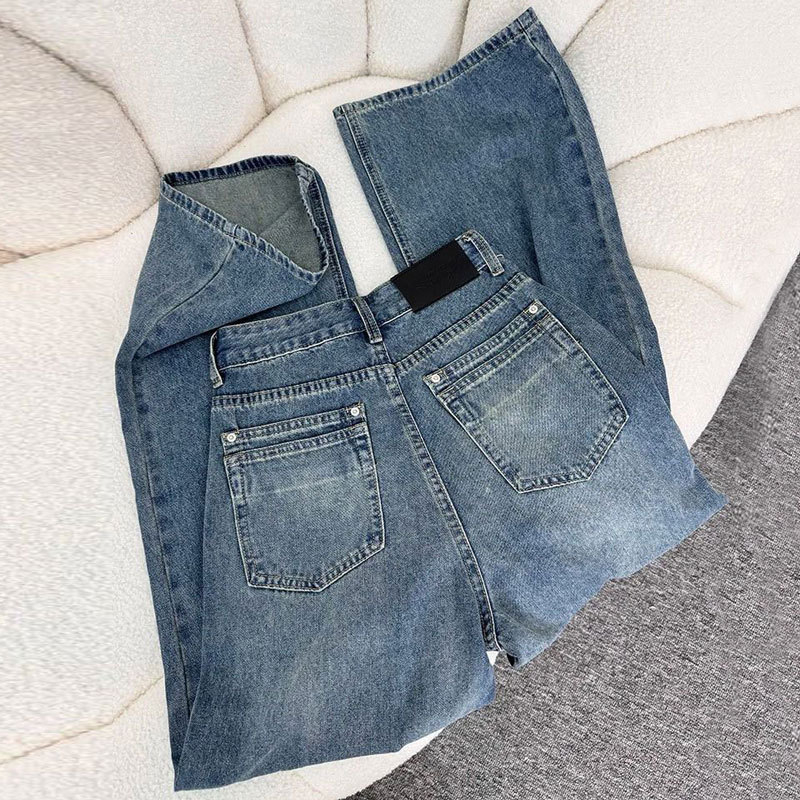 Ženske traperice ravnih krojeva, visoki struk, casual stil, denim pamuk-elastan, pranje pijeskom