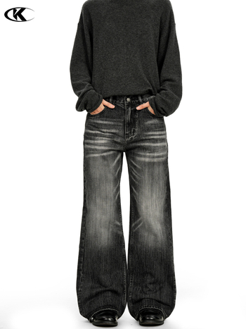 11KN Женски дънки с микро флейр, деним памук с полиестер, 70–80% деним памук, distressed, средна талия, дълги панталони, уличен стил