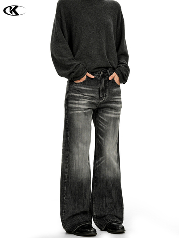 11KN Женски дънки с микро флейр, деним памук с полиестер, 70–80% деним памук, distressed, средна талия, дълги панталони, уличен стил