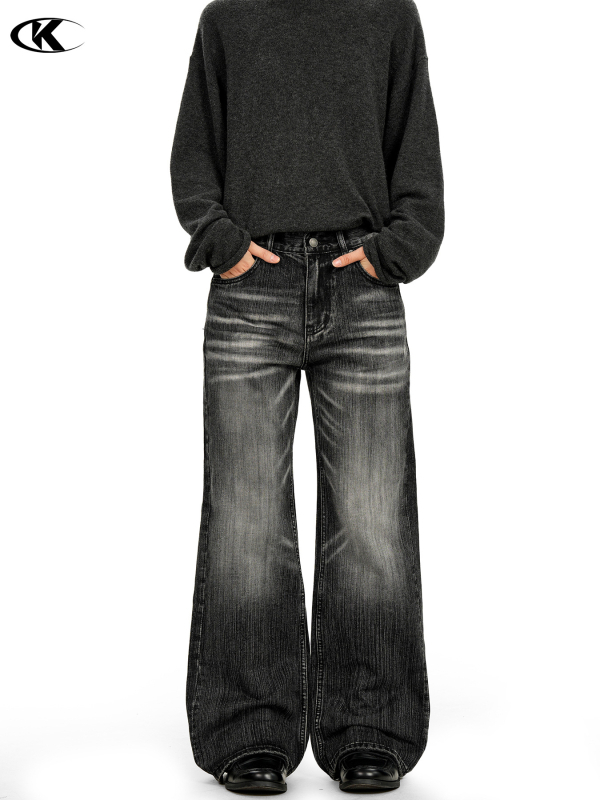 11KN Женски дънки с микро флейр, деним памук с полиестер, 70–80% деним памук, distressed, средна талия, дълги панталони, уличен стил