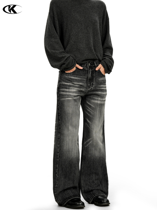 11KN Женски дънки с микро флейр, деним памук с полиестер, 70–80% деним памук, distressed, средна талия, дълги панталони, уличен стил