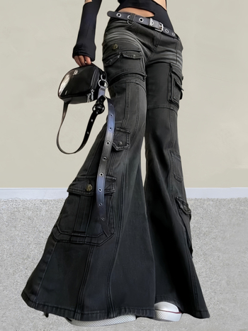 Y2K hlače s puno džepova, blago proširene nogavice, srednji pojas, pamuk denim, pijesčano pranje