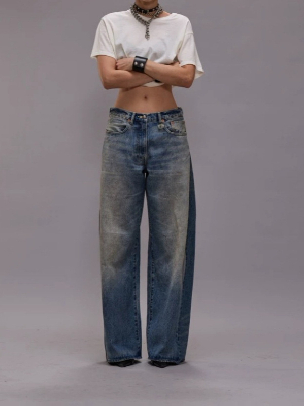 Traperice s visokim strukom i širokim nogavicama, patchwork denim, pamuk, jesen 2025
