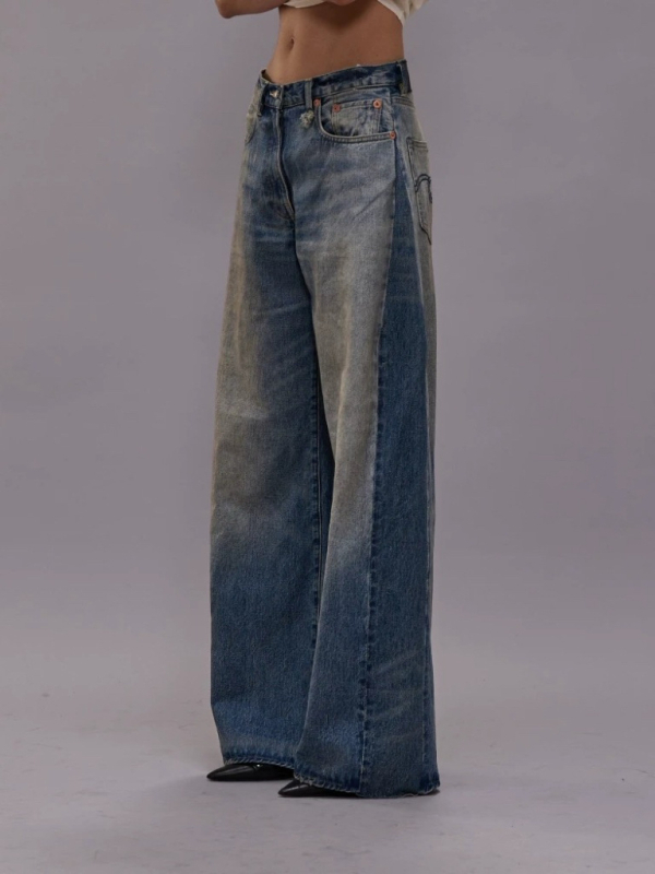 Traperice s visokim strukom i širokim nogavicama, patchwork denim, pamuk, jesen 2025