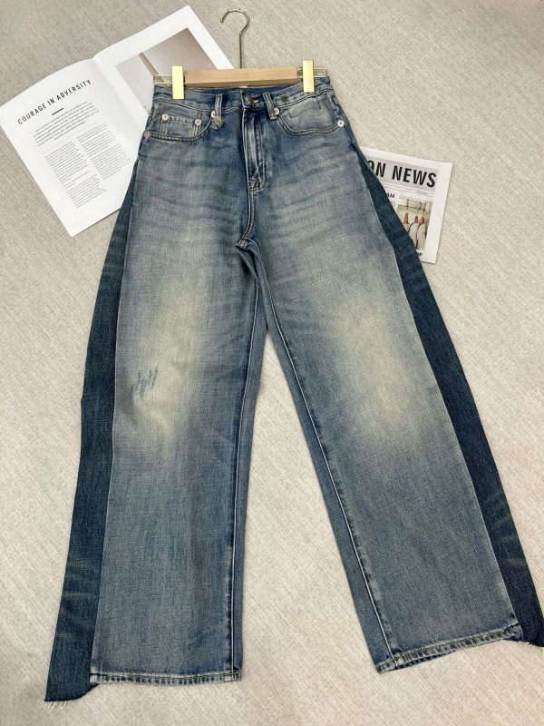 Traperice s visokim strukom i širokim nogavicama, patchwork denim, pamuk, jesen 2025