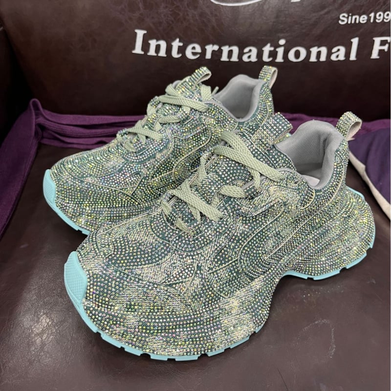 Ženske tenisice u stilu dad shoes s dijamantnim uzorkom, debeli potplat za povećanje visine, niski gornji dio, vezanje, prozračna mrežasta podstava
