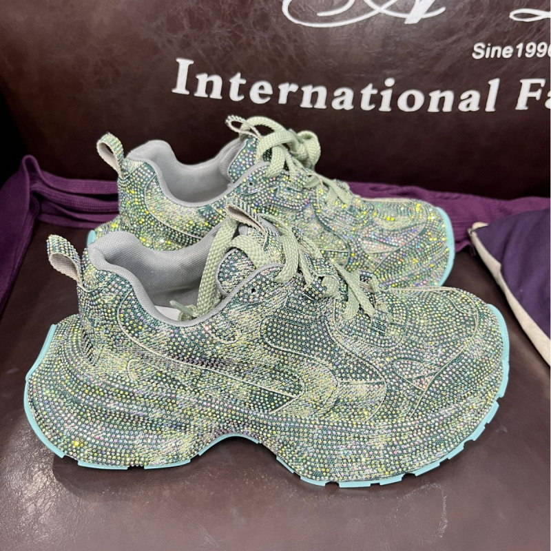 Ženske tenisice u stilu dad shoes s dijamantnim uzorkom, debeli potplat za povećanje visine, niski gornji dio, vezanje, prozračna mrežasta podstava