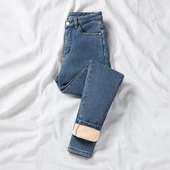 Ženske hlače s visokim strukom, podstavljene flisom, denim od pamuka, debeli, uski kroj olovka