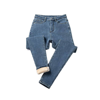 Ženske hlače s visokim strukom, podstavljene flisom, denim od pamuka, debeli, uski kroj olovka