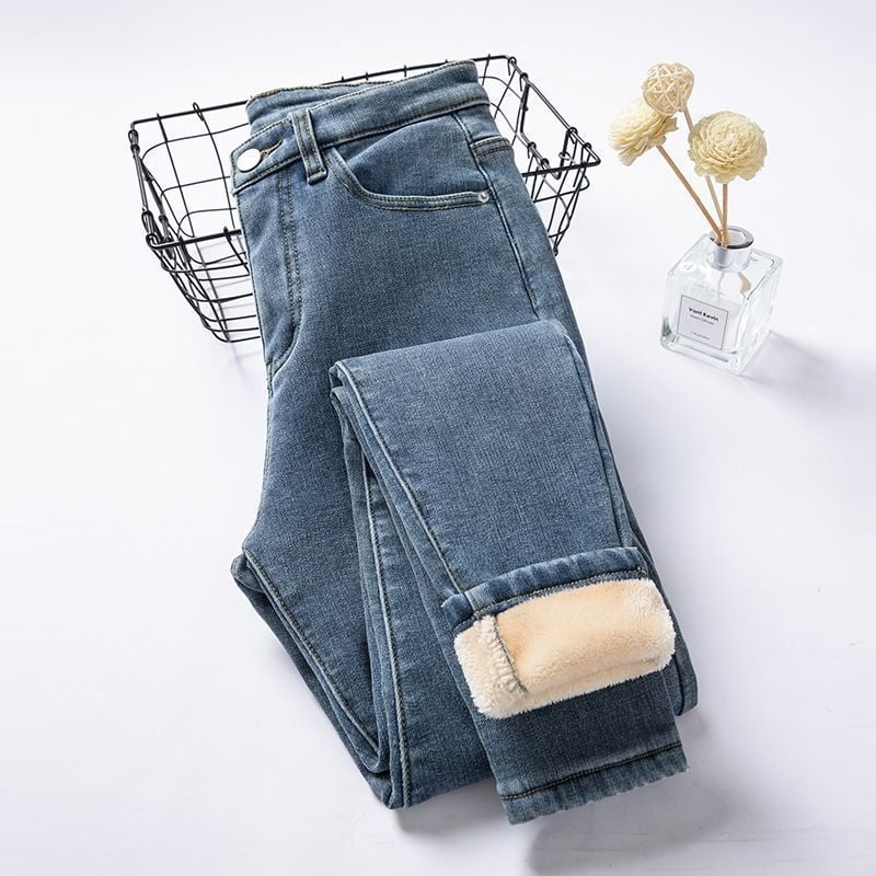 Ženske hlače s visokim strukom, podstavljene flisom, denim od pamuka, debeli, uski kroj olovka