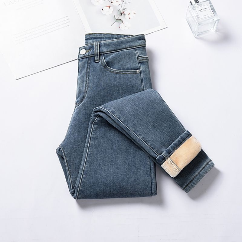 Ženske hlače s visokim strukom, podstavljene flisom, denim od pamuka, debeli, uski kroj olovka
