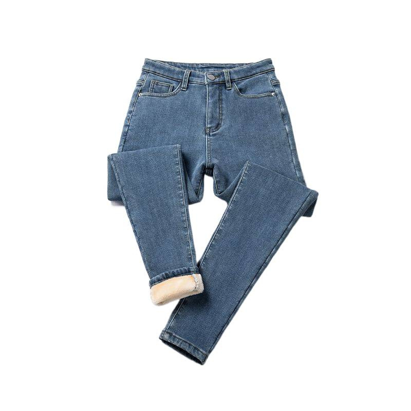Ženske hlače s visokim strukom, podstavljene flisom, denim od pamuka, debeli, uski kroj olovka