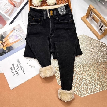 Ženske traperice s fleece podstavom, visokim strukom, bootcut kroj, zimska ovčja vuna podstava