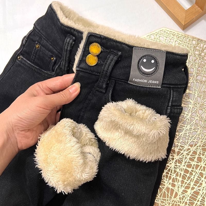 Ženske traperice s fleece podstavom, visokim strukom, bootcut kroj, zimska ovčja vuna podstava