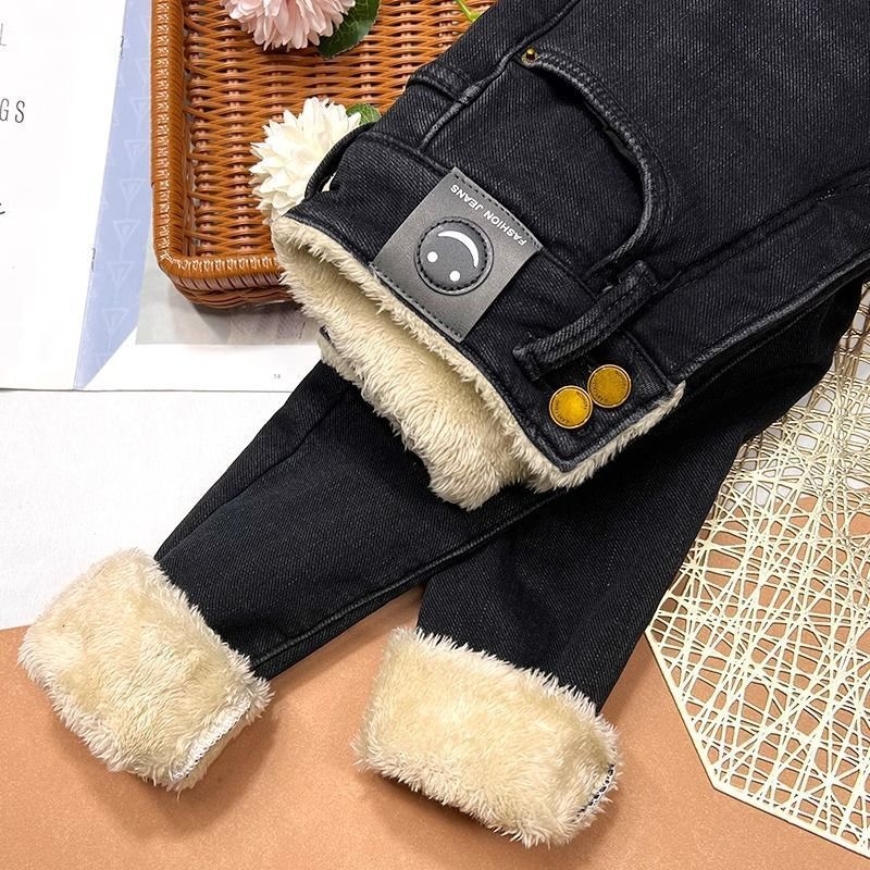 Ženske traperice s fleece podstavom, visokim strukom, bootcut kroj, zimska ovčja vuna podstava