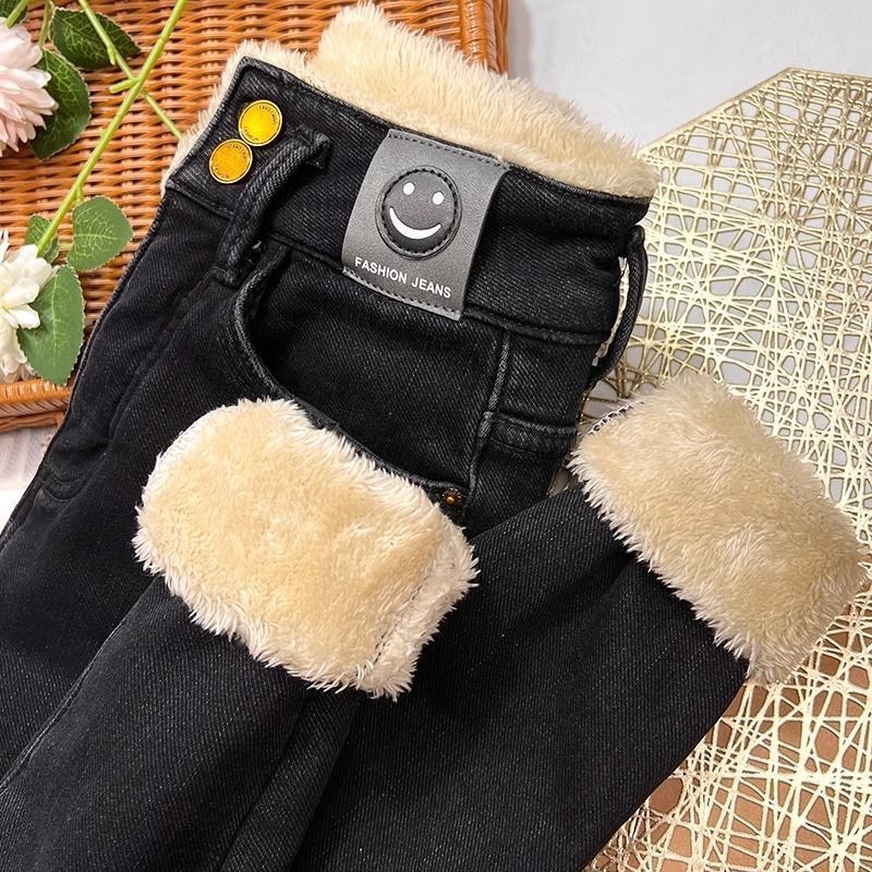 Ženske traperice s fleece podstavom, visokim strukom, bootcut kroj, zimska ovčja vuna podstava