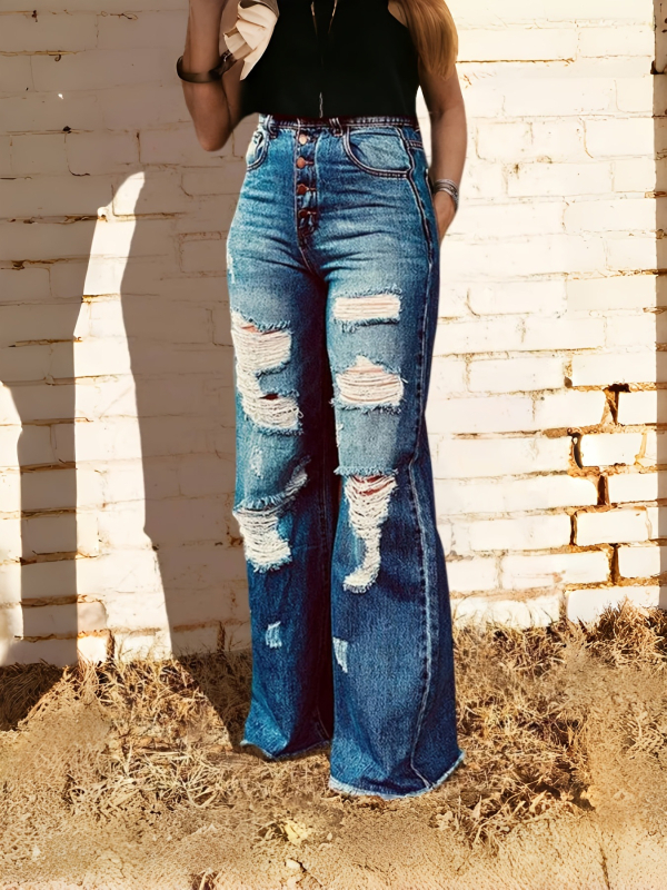 Ripped denim hlače s visokim strukom, elastične, ravni kroj, proljeće 2025
