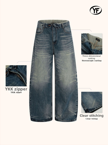 Traperice od denima pamuka, široke nogavice, srednji pojas, retro kaubojski street style, 90–95% pamuka