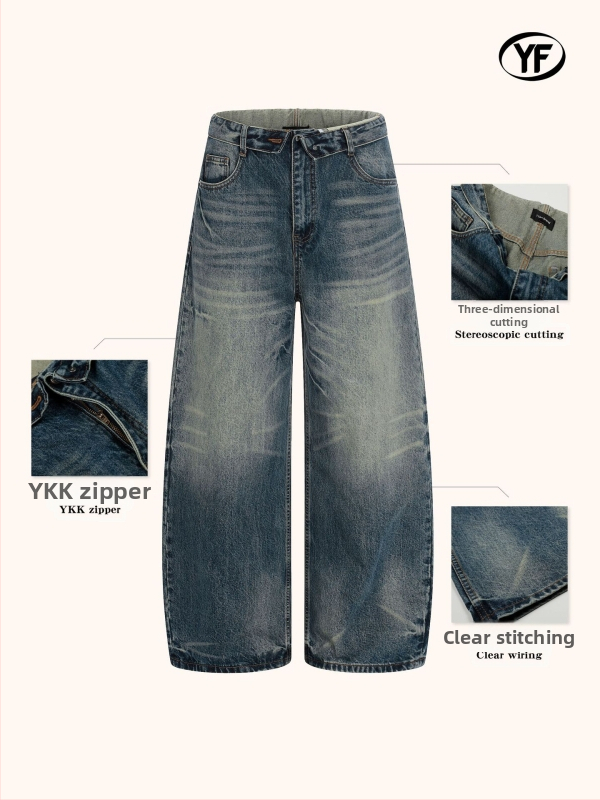 Traperice od denima pamuka, široke nogavice, srednji pojas, retro kaubojski street style, 90–95% pamuka