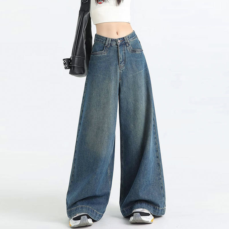Ženske traperice s širokim krojem, visokim strukom, dužine do poda, denim, 70–80% pamuka, ljeto 2025, casual japansko-korejski stil.