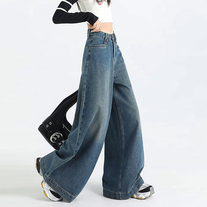 Ženske traperice s širokim krojem, visokim strukom, dužine do poda, denim, 70–80% pamuka, ljeto 2025, casual japansko-korejski stil.