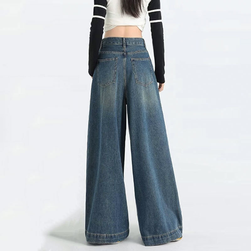 Ženske traperice s širokim krojem, visokim strukom, dužine do poda, denim, 70–80% pamuka, ljeto 2025, casual japansko-korejski stil.
