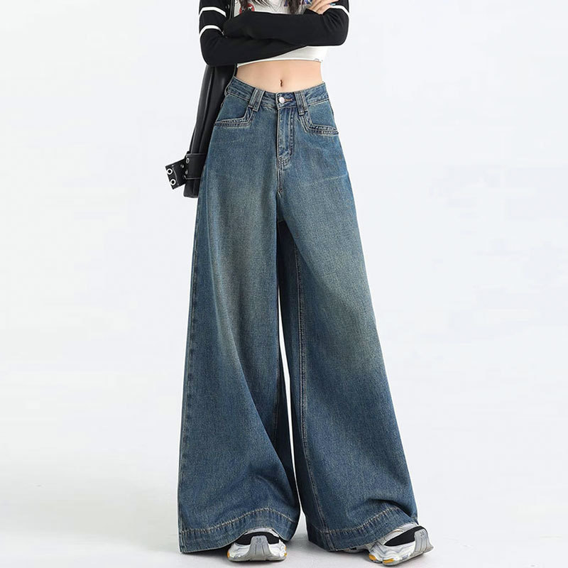 Ženske traperice s širokim krojem, visokim strukom, dužine do poda, denim, 70–80% pamuka, ljeto 2025, casual japansko-korejski stil.