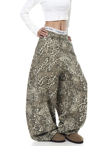 Traperice s leopardom uzorkom, unisex, dekonstruirana silueta, široke nogavice, pamuk (50–70% pamuk)