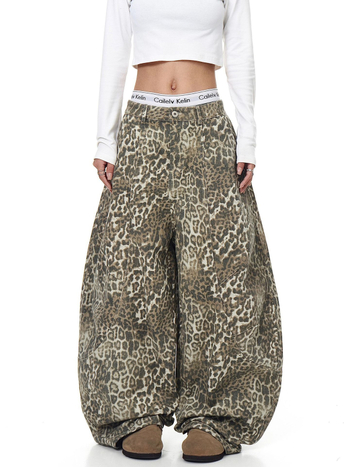 Traperice s leopardom uzorkom, unisex, dekonstruirana silueta, široke nogavice, pamuk (50–70% pamuk)