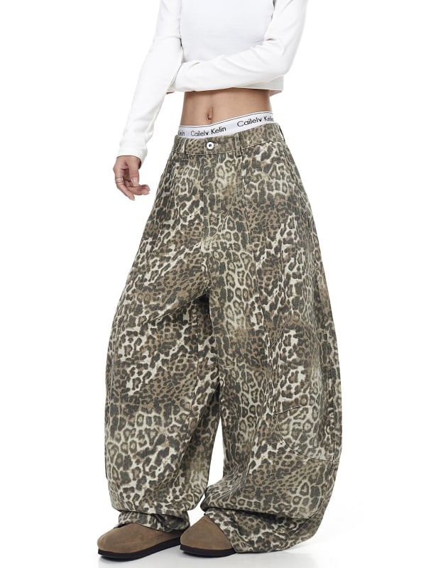 Traperice s leopardom uzorkom, unisex, dekonstruirana silueta, široke nogavice, pamuk (50–70% pamuk)