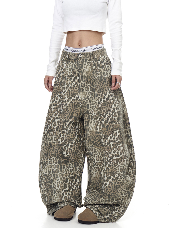 Traperice s leopardom uzorkom, unisex, dekonstruirana silueta, široke nogavice, pamuk (50–70% pamuk)