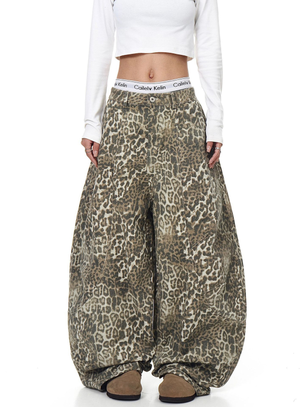 Traperice s leopardom uzorkom, unisex, dekonstruirana silueta, široke nogavice, pamuk (50–70% pamuk)
