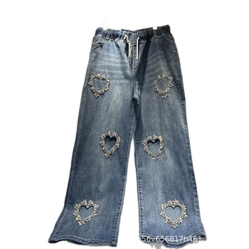 Traperice širokih nogavica s izrezom srca i kristalima, elastična struka