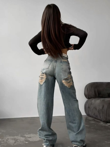 Traperice visokog struka, ravni kroj, dugačke do poda, istrošeni stražnji dizajn, 95% pamuk