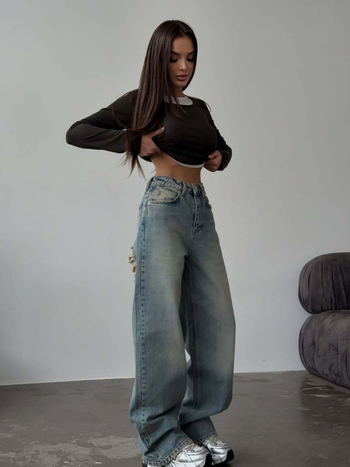 Traperice visokog struka, ravni kroj, dugačke do poda, istrošeni stražnji dizajn, 95% pamuk