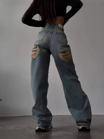 Traperice visokog struka, ravni kroj, dugačke do poda, istrošeni stražnji dizajn, 95% pamuk