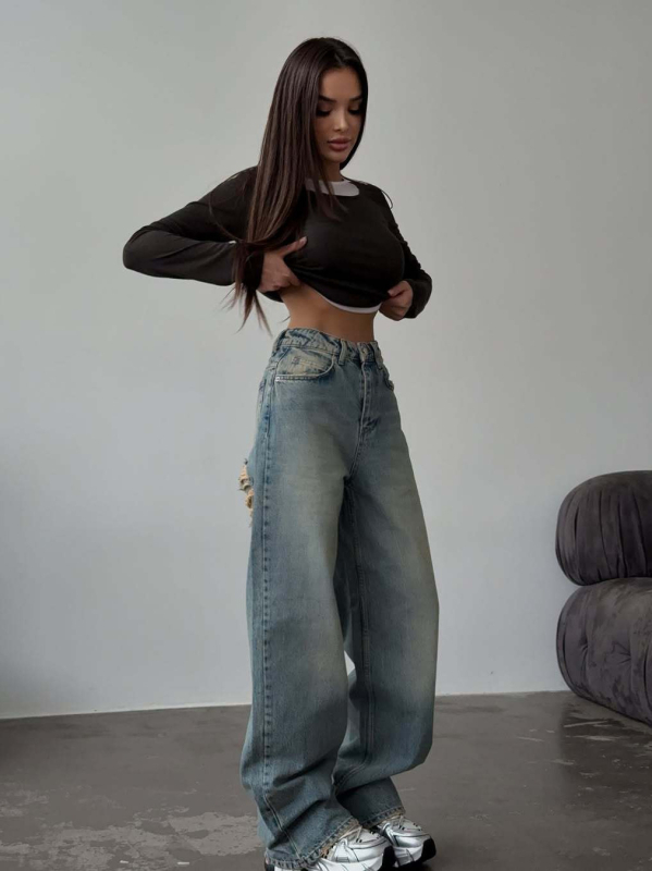 Traperice visokog struka, ravni kroj, dugačke do poda, istrošeni stražnji dizajn, 95% pamuk