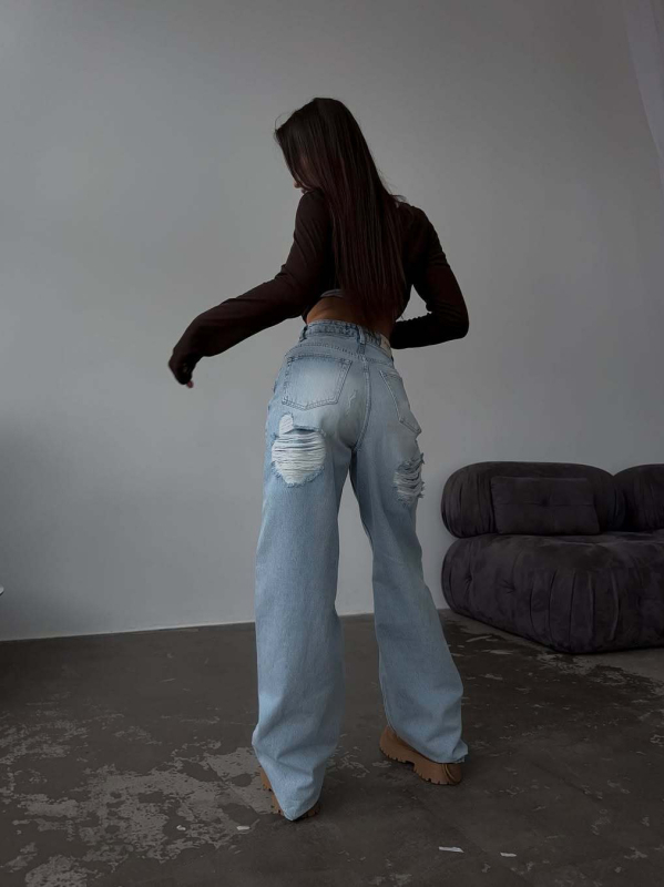 Traperice visokog struka, ravni kroj, dugačke do poda, istrošeni stražnji dizajn, 95% pamuk