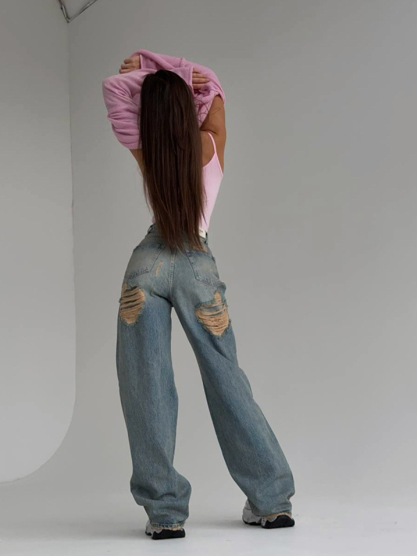 Traperice visokog struka, ravni kroj, dugačke do poda, istrošeni stražnji dizajn, 95% pamuk