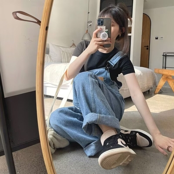 Džins overaj s trakama, urbani stil (denim; visokim strukom; široke nogavice; dužina do poda; proljeće 2025)