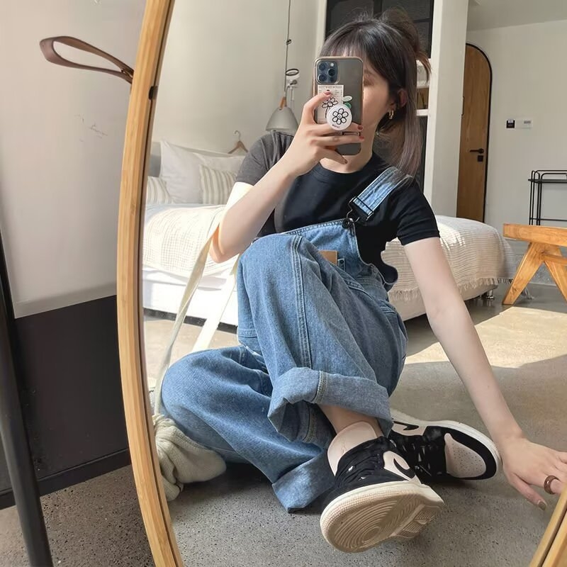 Džins overaj s trakama, urbani stil (denim; visokim strukom; široke nogavice; dužina do poda; proljeće 2025)