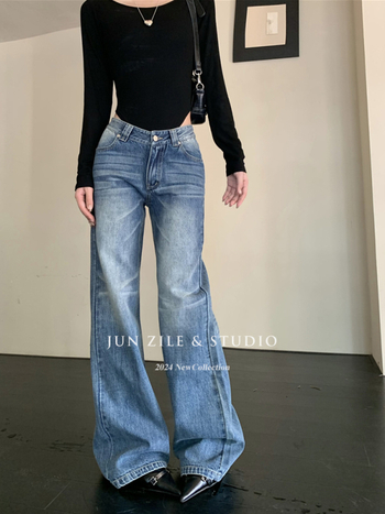 Žene široke hlače traperice, američki retro stil, visokim strukom, duljina do poda, denim s 50–70% pamuka