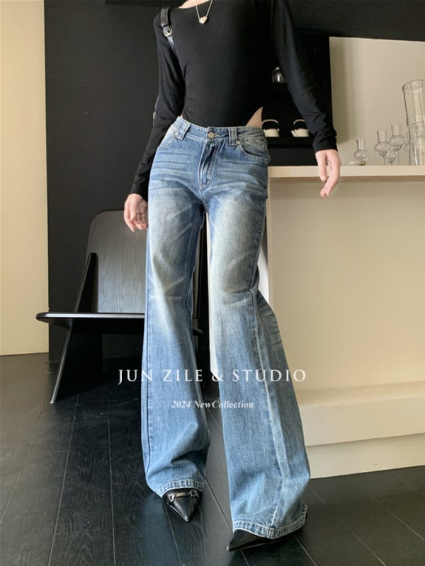 Žene široke hlače traperice, američki retro stil, visokim strukom, duljina do poda, denim s 50–70% pamuka