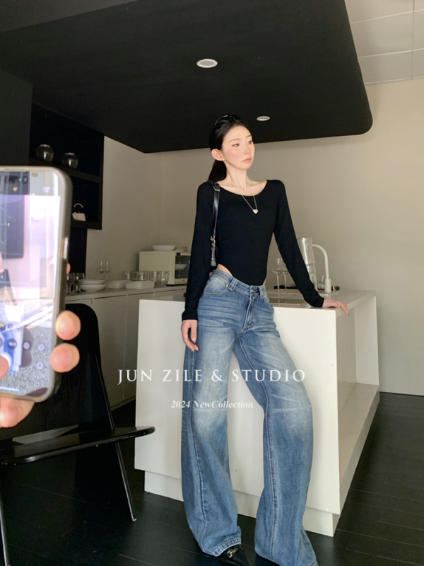 Žene široke hlače traperice, američki retro stil, visokim strukom, duljina do poda, denim s 50–70% pamuka
