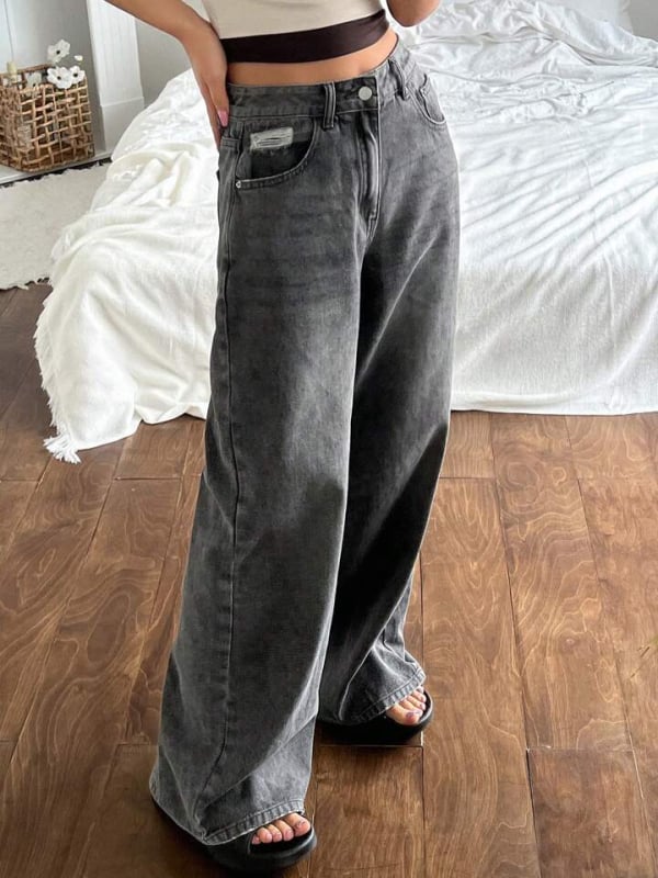 Traperice s širokim krojem, visokim strukom, distresirani denim, mješavina pamuka i poliestera, duge hlače